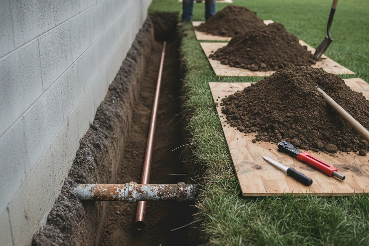 Excavated water line trench during Sewer Line Repair in Volant